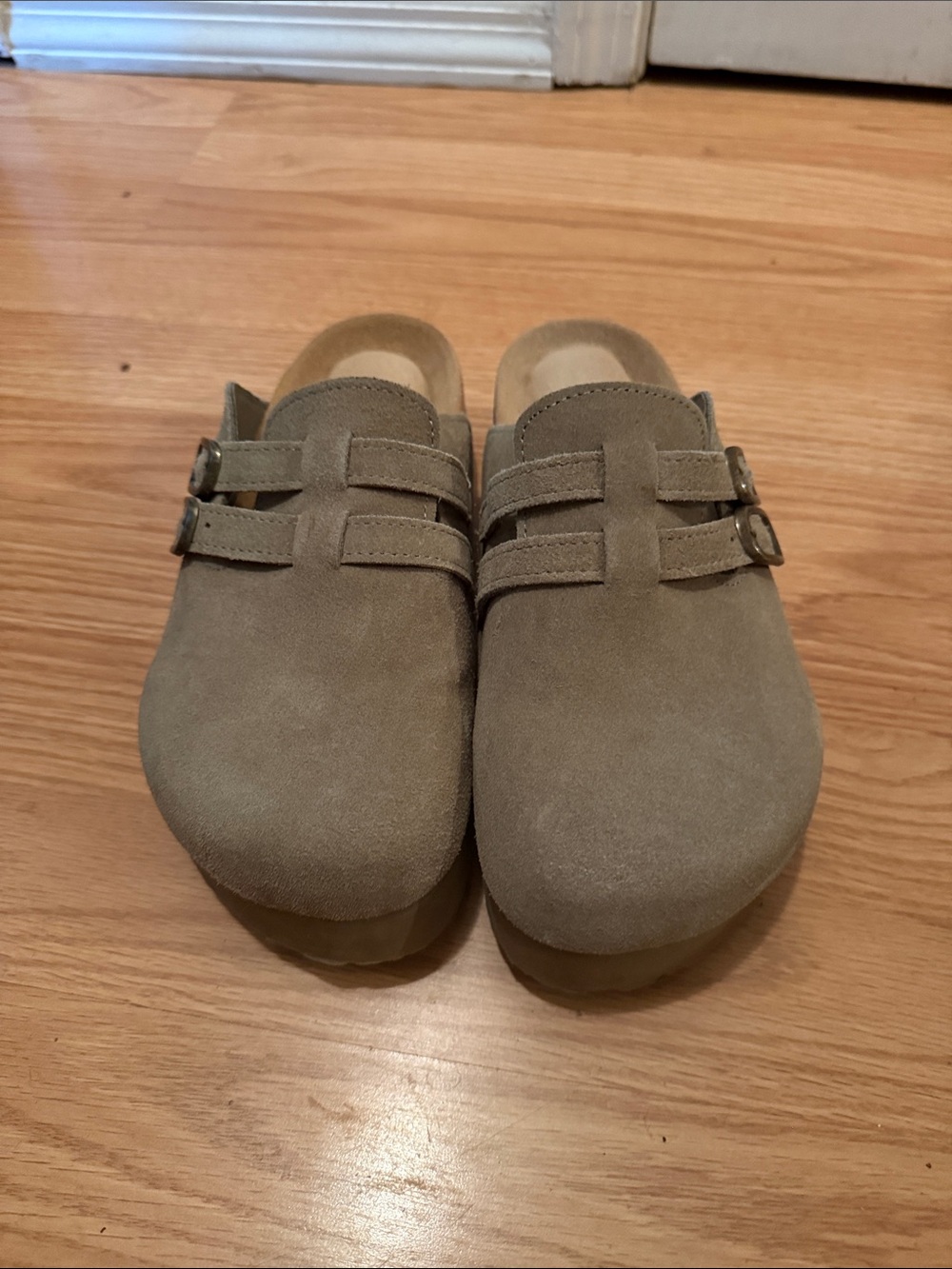 Suede Slip-On Clog Mules in Taupe